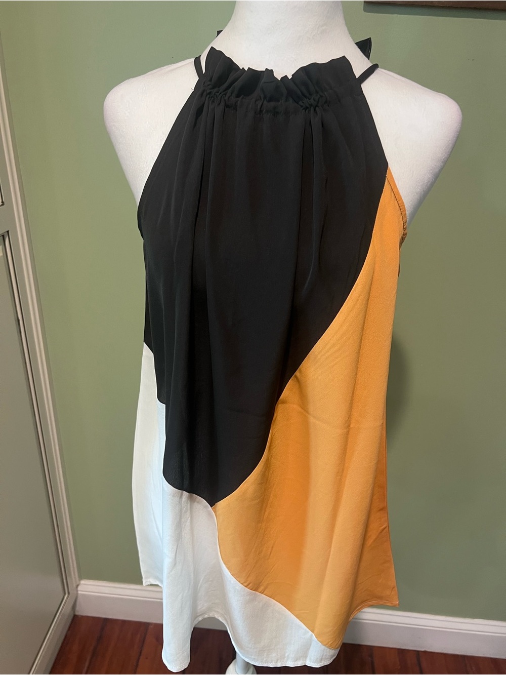 Colorblock Halter Neck Blouse in Black, Mustard & White